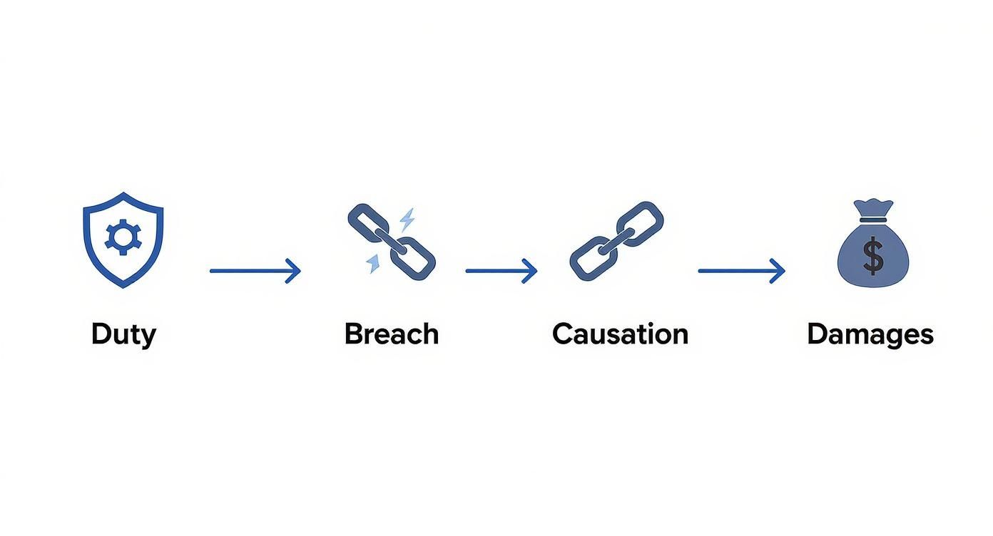 A flow chart illustrates the four elements of negligence: duty, breach, causation, and damages.