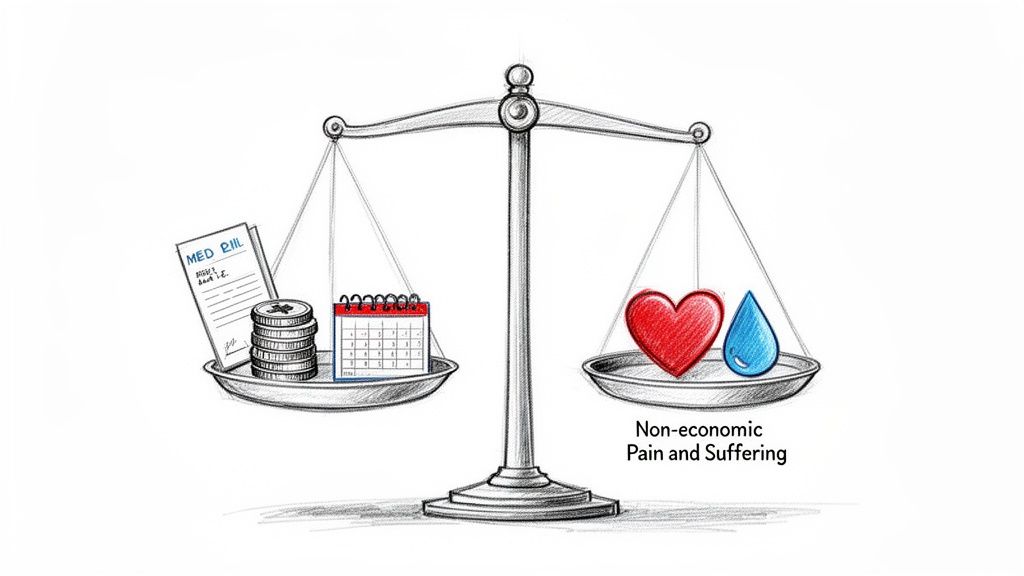 A balance scale weighs economic costs like medical bills and money against non-economic pain and suffering symbols.
