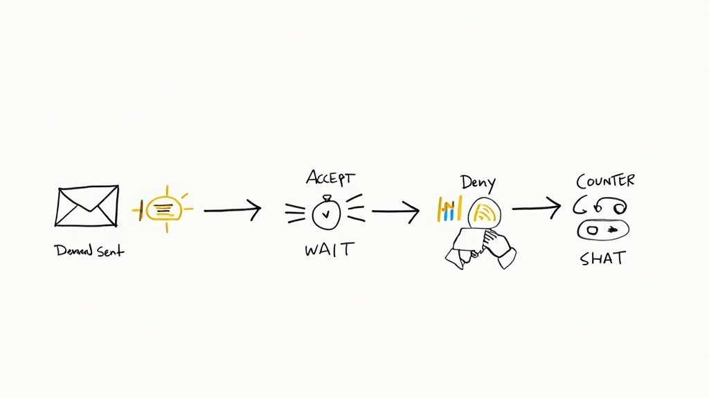 Hand-drawn flowchart illustrating a negotiation process from demand sent, wait, deny, to counter-offer and chat.