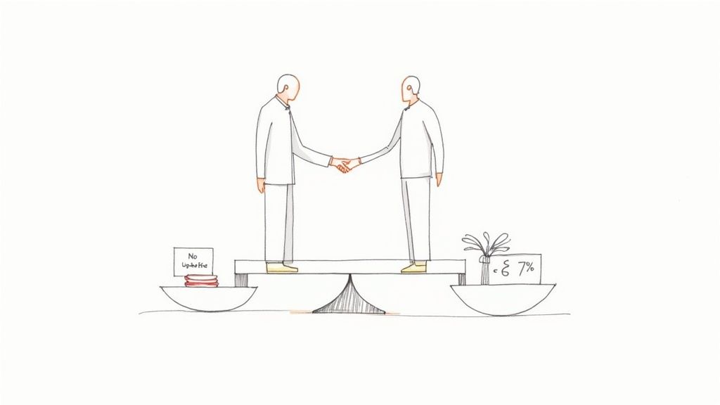 A seesaw balances two men shaking hands, showing 'No Upfront' versus '£ & 7%' fee terms.