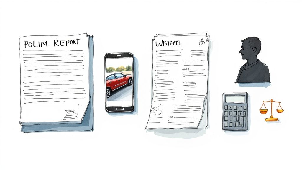 Visual representation of accident report process with documents, car, person, calculator, and justice scales.