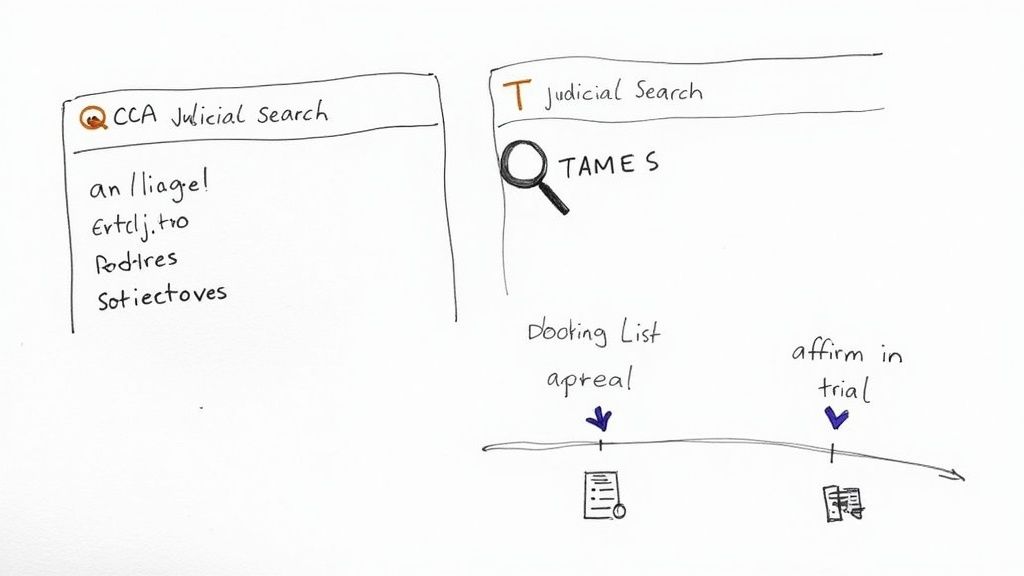 Hand-drawn sketch illustrating a judicial search interface with results, a timeline for appeal, and trial affirmation.