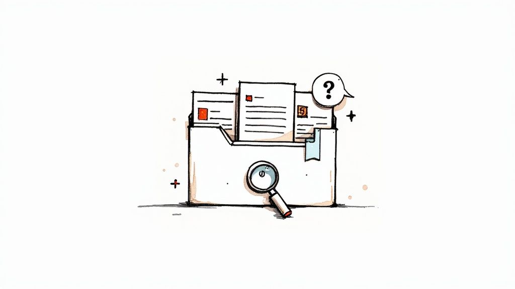 Hand-drawn illustration of a file folder with documents, a magnifying glass, and a question mark.