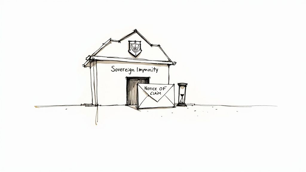 Sketch of a building labeled 'Sovereign Immunity' with a 'Notice of Claim' envelope and an hourglass.