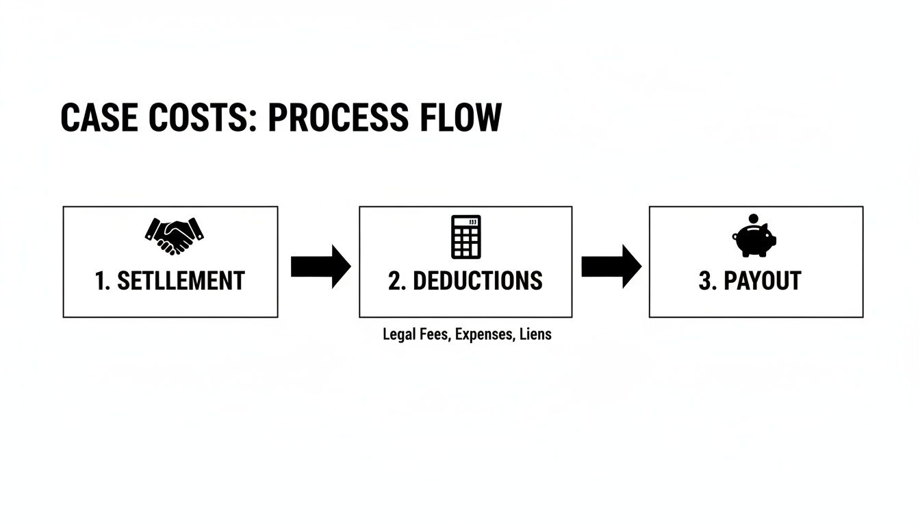 A process flow diagram showing case costs from settlement, through deductions, to final payout.