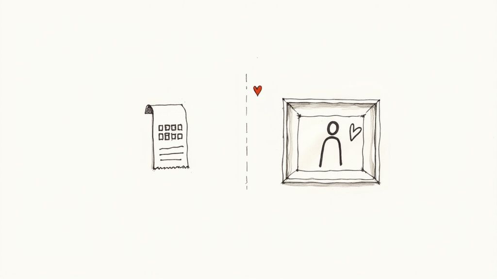 A hand-drawn sketch contrasting a receipt with a framed person and heart, separated by a dashed line.