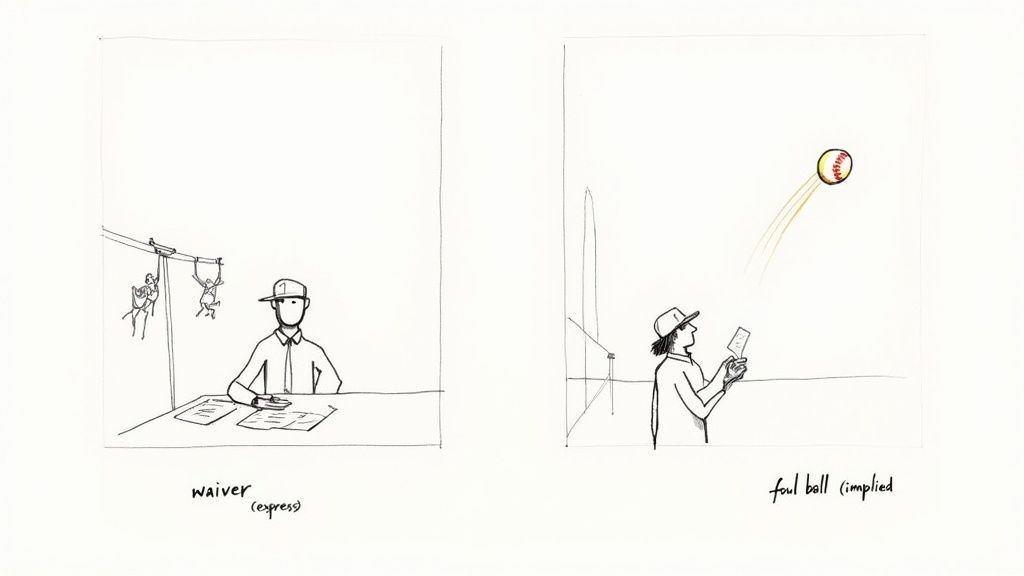 Illustrations contrasting a person signing a waiver (express) and a fan watching a foul ball (implied).
