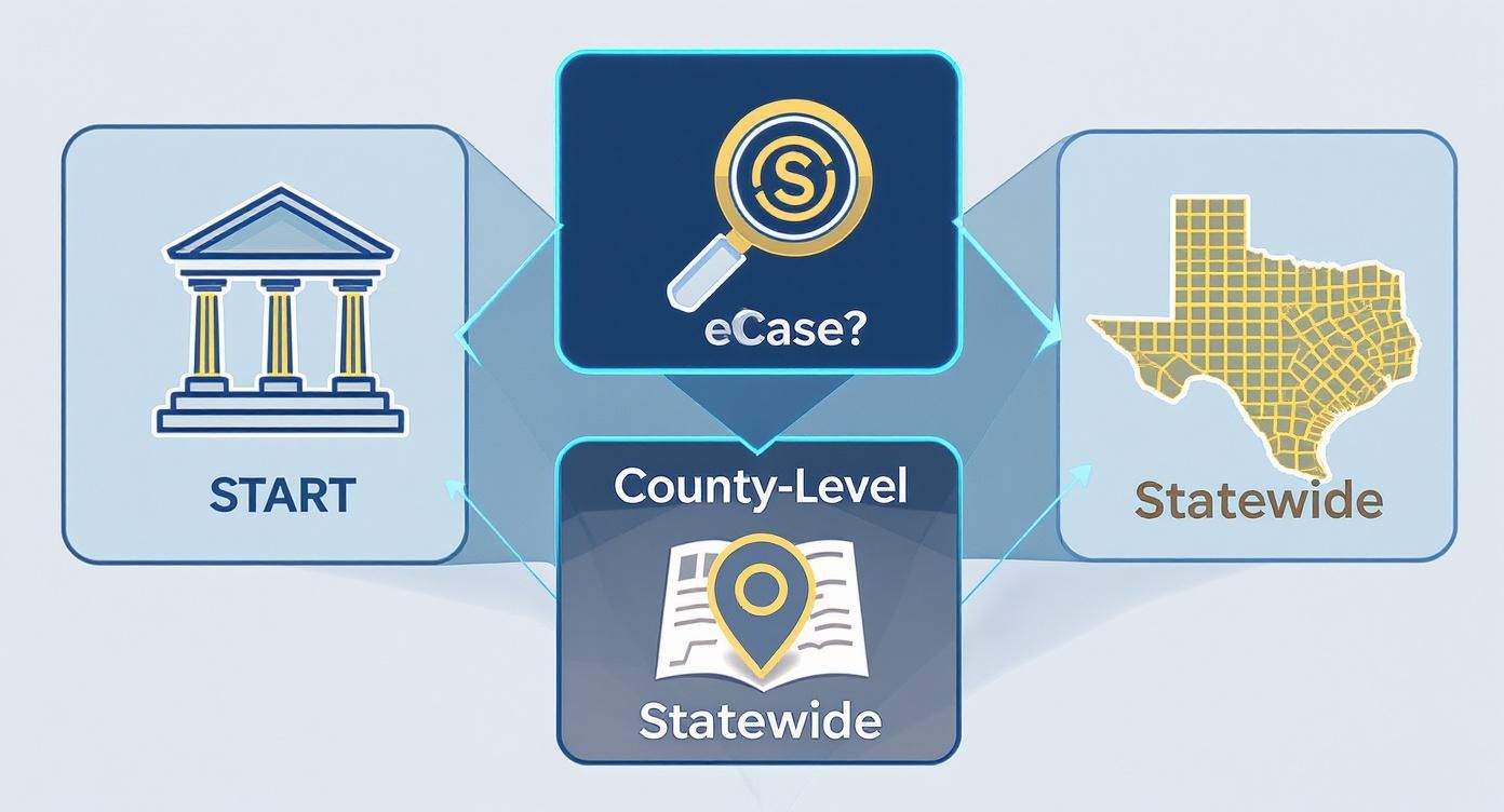 Flowchart illustrating a Texas court records search process, from initial query to statewide results.