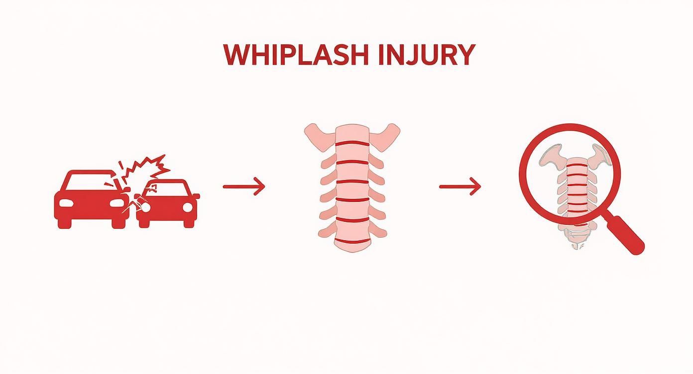 Medical diagram showing whiplash injury process from car accident to spinal examination