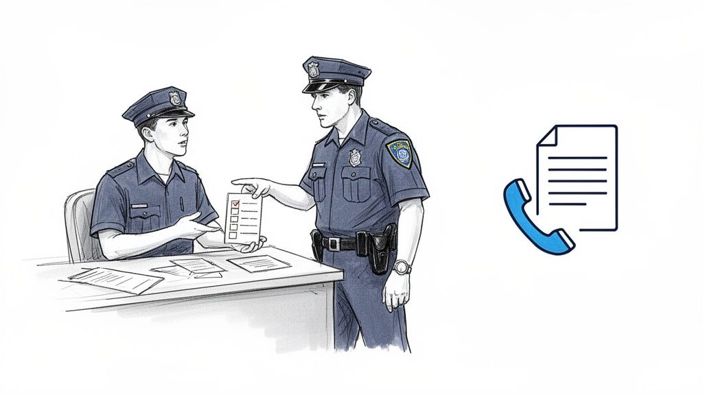 Two police officers discussing a checklist, with a document and phone icon nearby, representing official procedures.