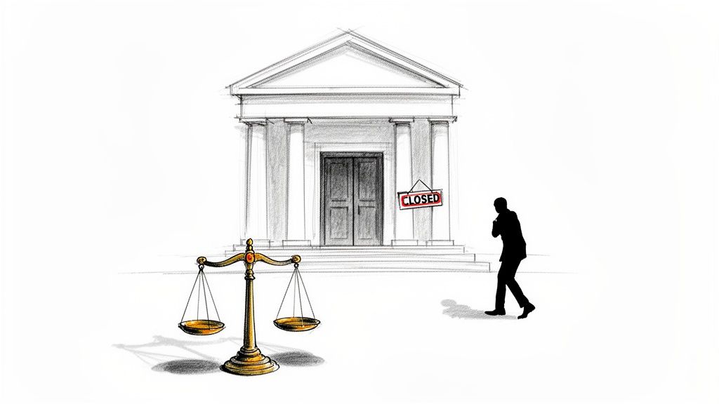 Pencil sketch of a closed courthouse with 'CLOSED' sign, scales of justice, and a distressed man walking away.