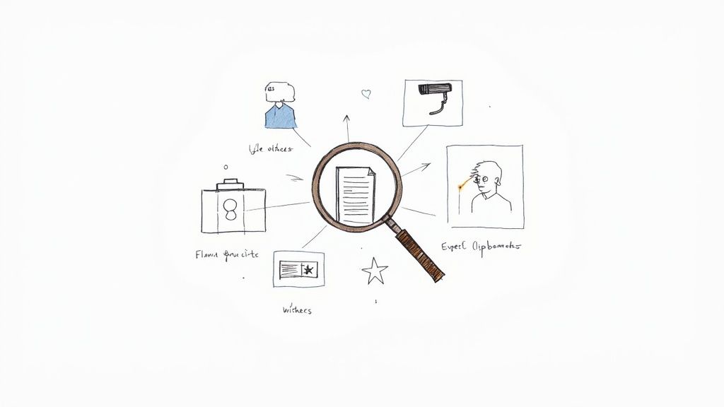 A hand-drawn concept map with a magnifying glass over a document, surrounded by various icons and text.