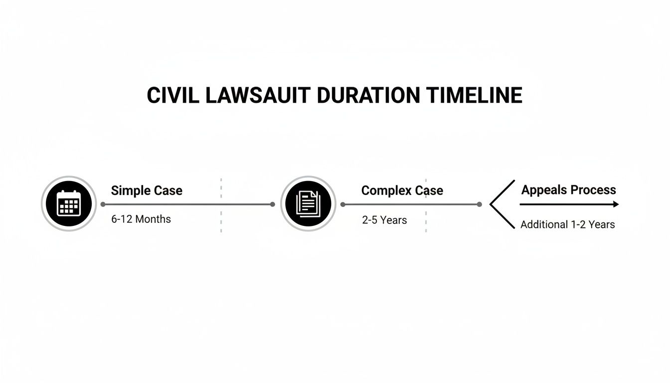 Timeline illustrating civil lawsuit duration: Simple cases take 6-12 months, complex cases 2-5 years, plus 1-2 years for appeals.