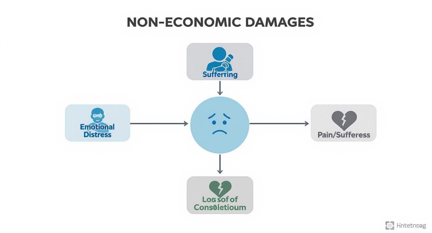Diagram illustrating non-economic damages, including suffering, emotional distress, pain, and loss of consortium.