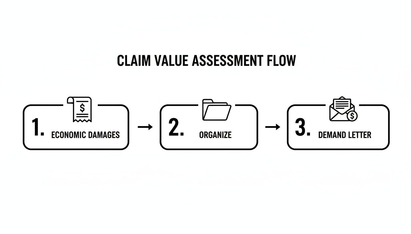 Flowchart detailing claim value assessment process with steps: economic damages, organize, and demand letter.