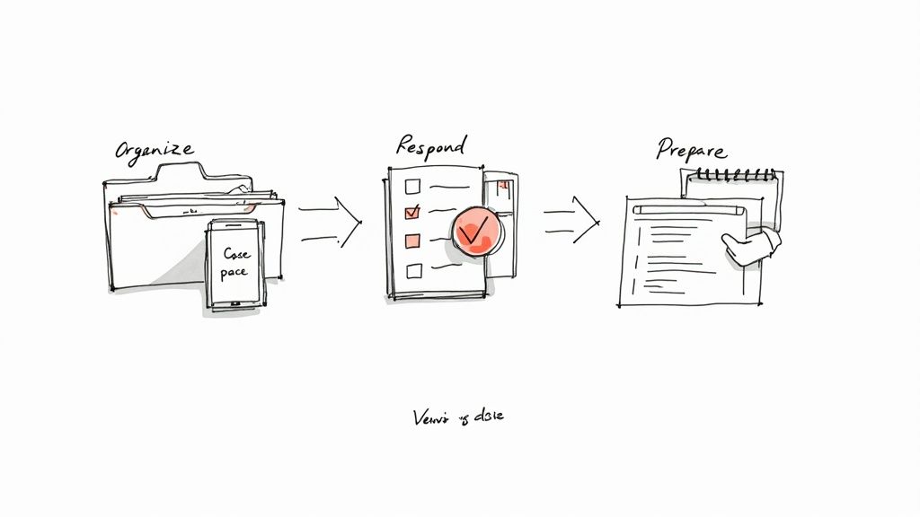 A hand-drawn process flow for legal case management with steps to organize, respond, and prepare.