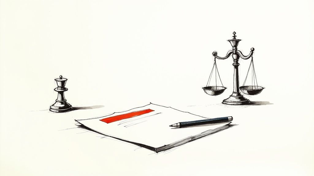Illustration with a chess queen, legal papers, a pen, and scales of justice, symbolizing law.