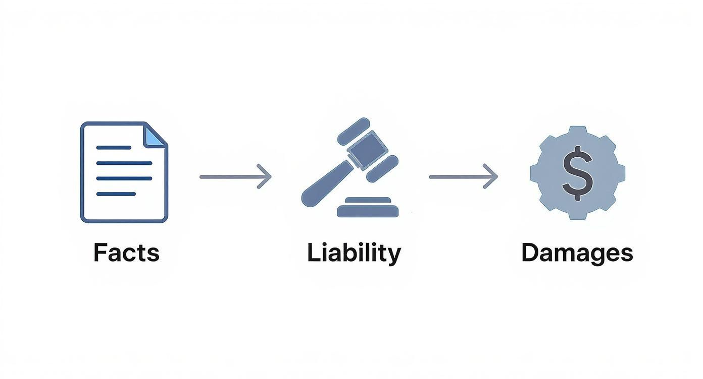 A flowchart illustrating the legal progression from establishing facts to determining liability and finally assessing damages.