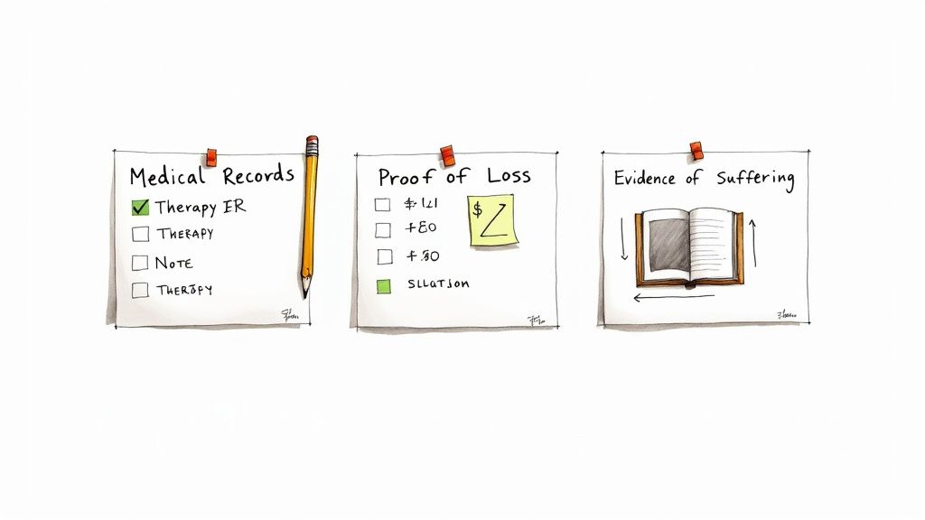 Three illustrated documents: Medical Records, Proof of Loss with financial figures, and Evidence of Suffering with an open book.