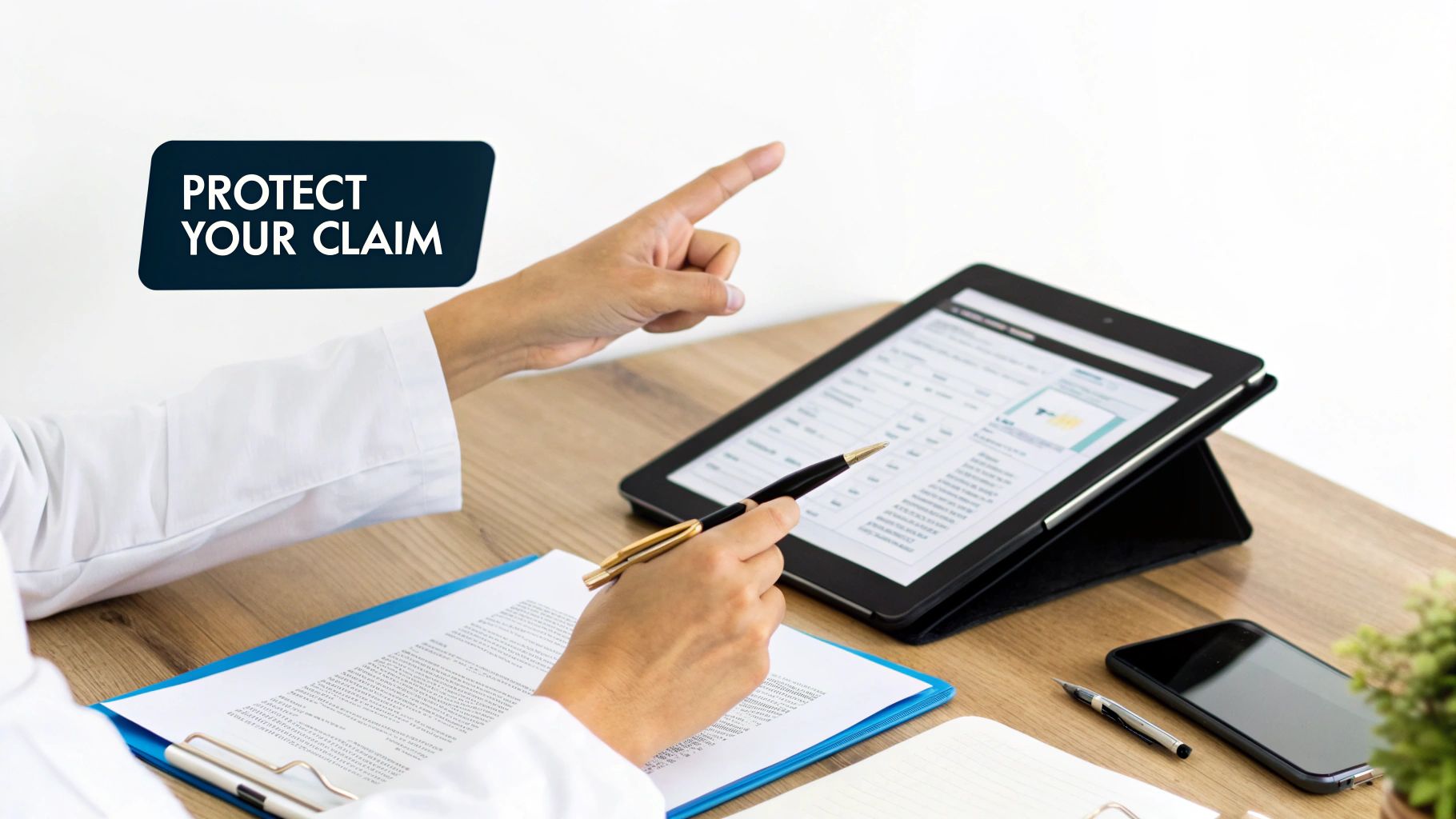 A person carefully organizing documents and photos related to an accident claim on a desk.