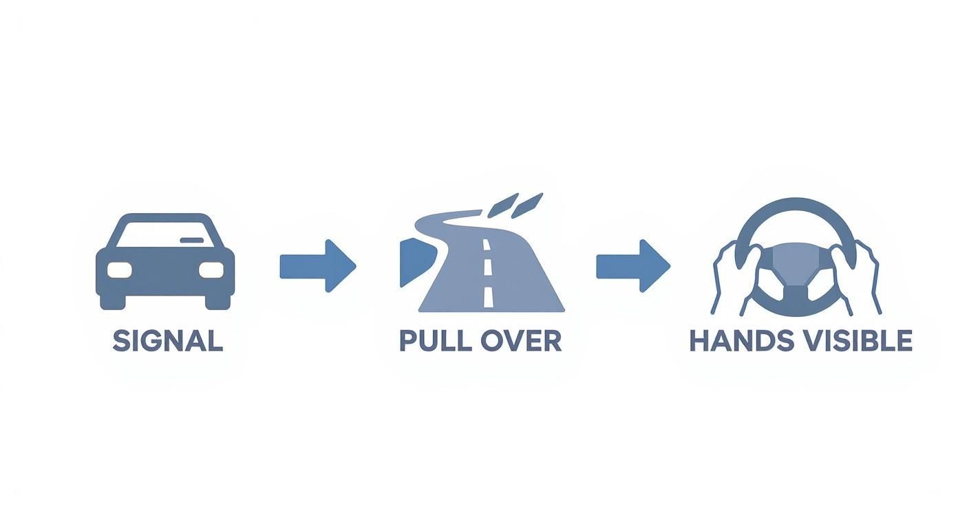 Three-step diagram showing police stop procedure: signal with car icon, pull over on road, hands visible on steering wheel