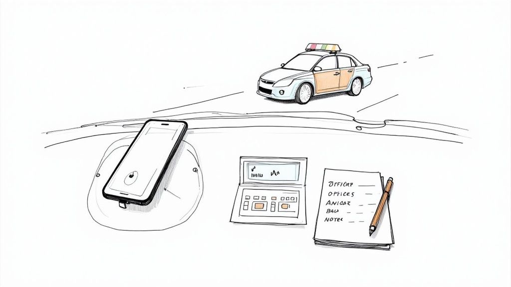 Police car on road with smartphone, calculator, and notepad with officer information below