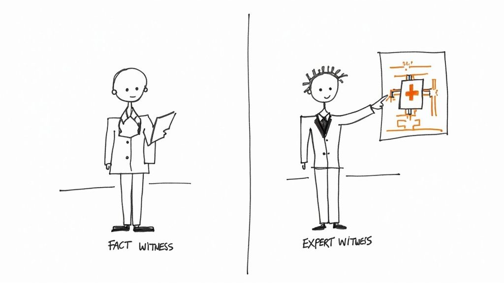 A diagram illustrates the difference between a fact witness holding papers and an expert witness pointing to a technical chart.