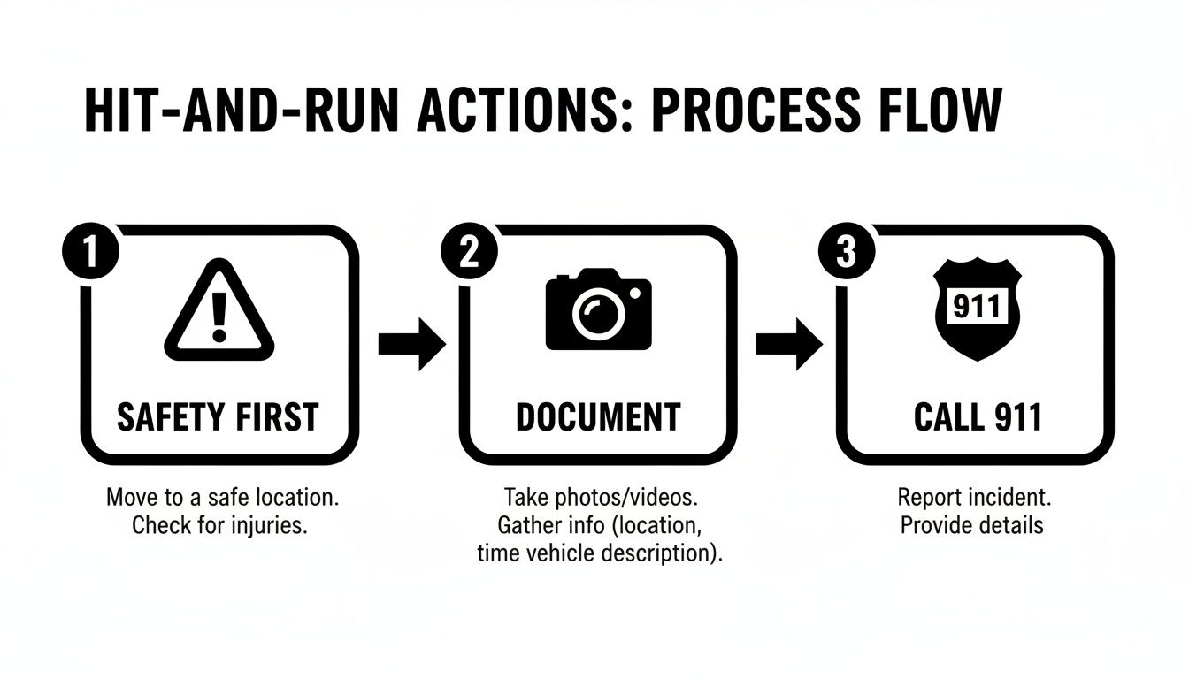 Infographic detailing three steps for hit-and-run actions: safety, documentation, and calling 911.