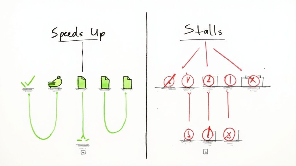 A hand-drawn diagram illustrating a comparison between a process that 'speeds up' efficiently and one that 'stalls' inefficiently.