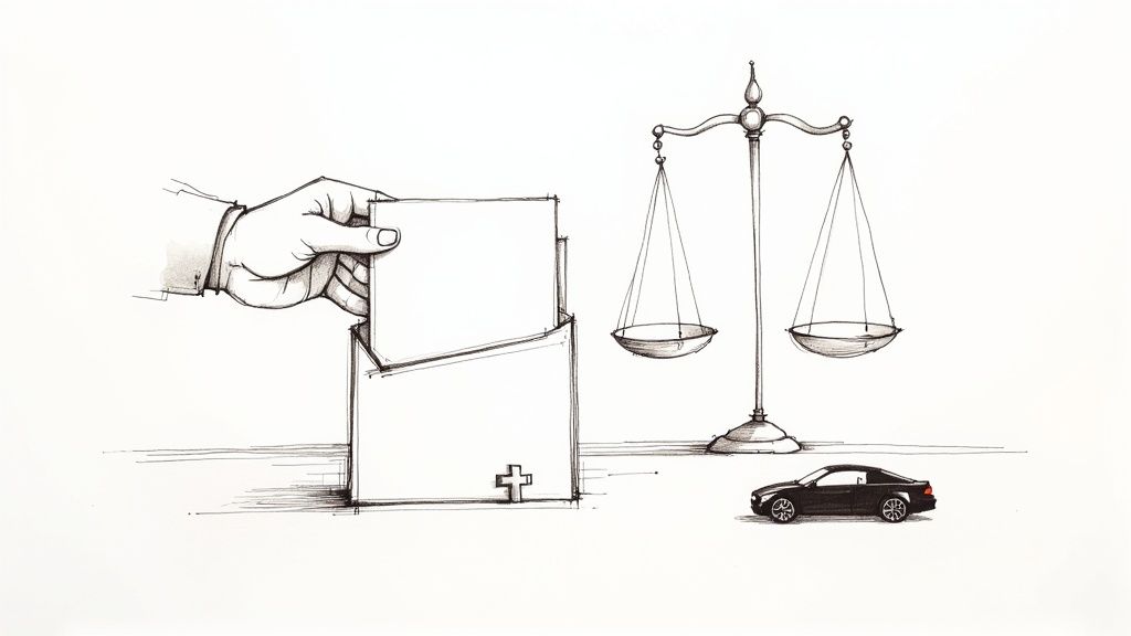 Illustration of a hand placing a document into a box, with scales of justice and a car.
