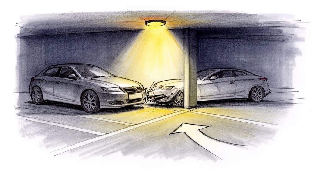 A detailed sketch illustrating a car crash into a parking garage pillar, with another car nearby.