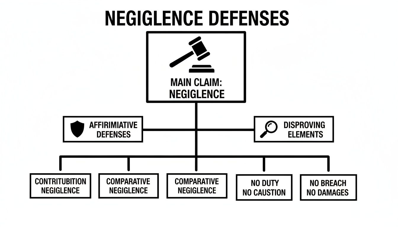 Flowchart illustrating negligence defenses, divided into affirmative defenses and disproving elements categories.