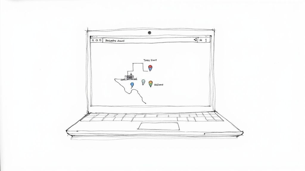 A hand-drawn sketch of a laptop displaying a map of Texas with location pins for 'Tejas Court' and 'AGIERO'.