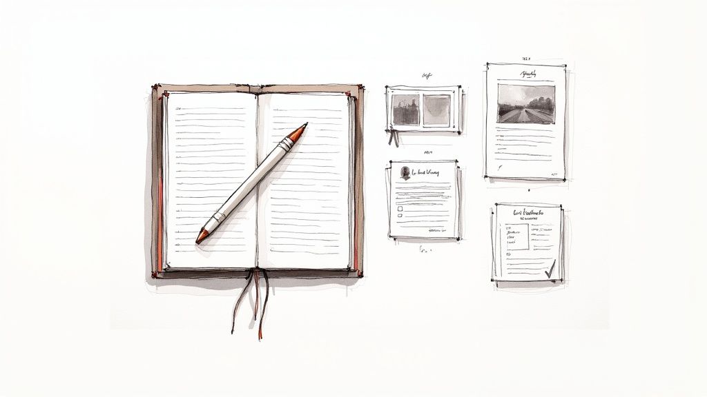 A hand-drawn illustration of an open notebook with a pen, surrounded by various planning document sketches.