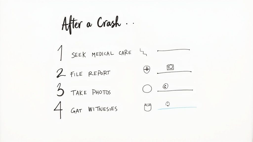 Hand-drawn checklist showing four steps to take after a car crash including medical care and filing reports