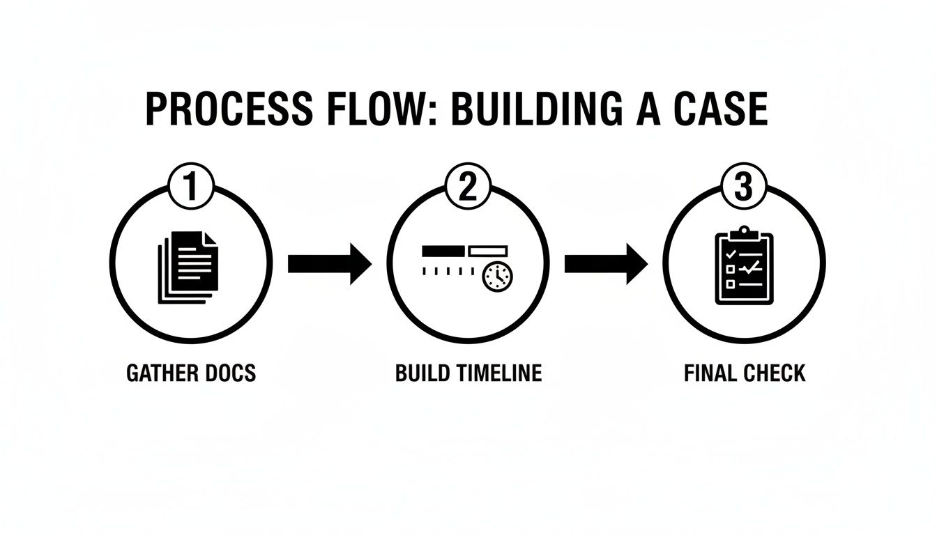 A clear process flow diagram outlining three steps to building a case: gather documents, build timeline, and final check.