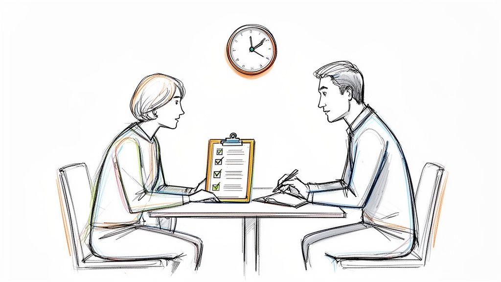 Professional consultation with a man taking notes and a woman reviewing a checklist under a clock.