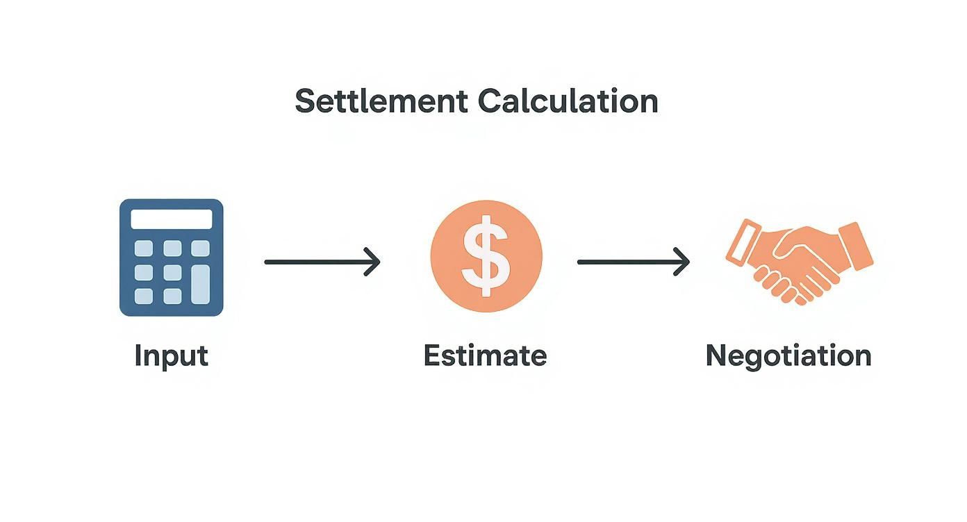 Infographic showing the process flow of a car accident settlement calculator in Texas, from input to estimate to negotiation.