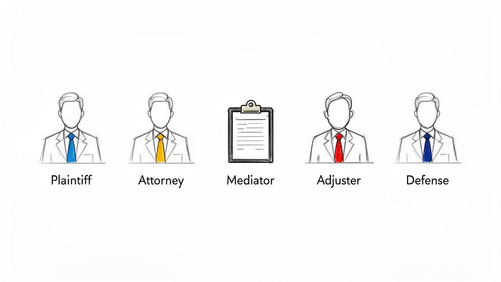 Icons representing key roles in a legal dispute: Plaintiff, Attorney, Mediator, Adjuster, and Defense.