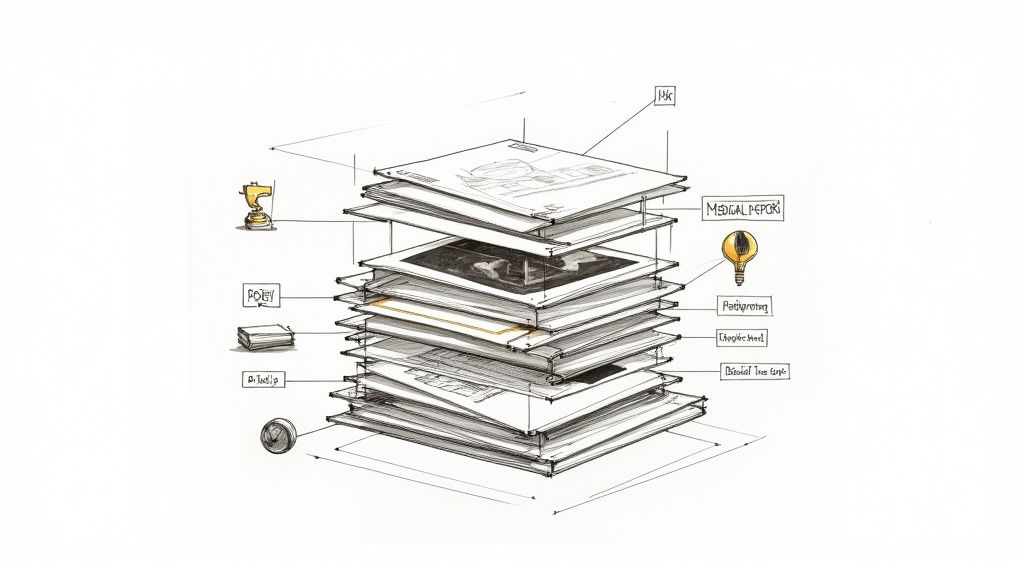 Exploded view diagram of case documents, medical records, and legal elements.