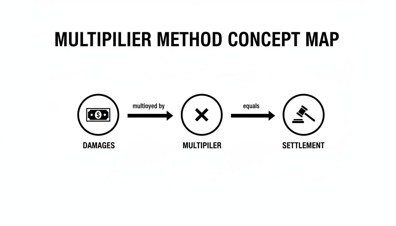 Concept map showing damages multiplied by a multiplier equals settlement, illustrating a legal calculation.