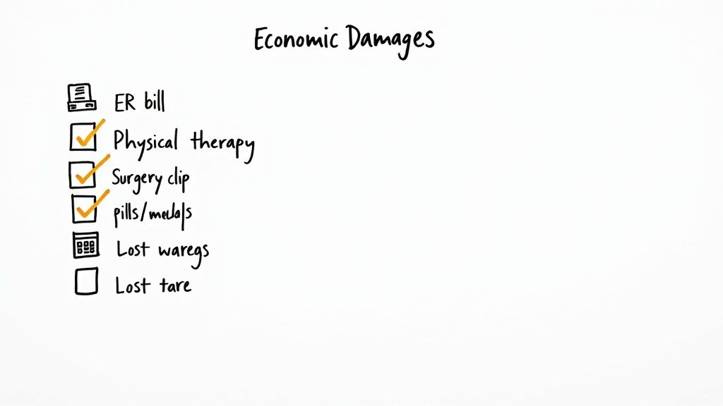 A handwritten checklist titled 'Economic Damages' with items like ER bill, therapy, and lost wages.