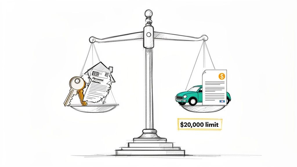 A financial scale illustration balancing a home and key against a car with a $20,000 limit.