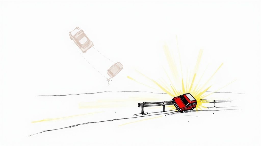 Diagram showing single car accident with vehicle hitting guardrail and ejecting passengers