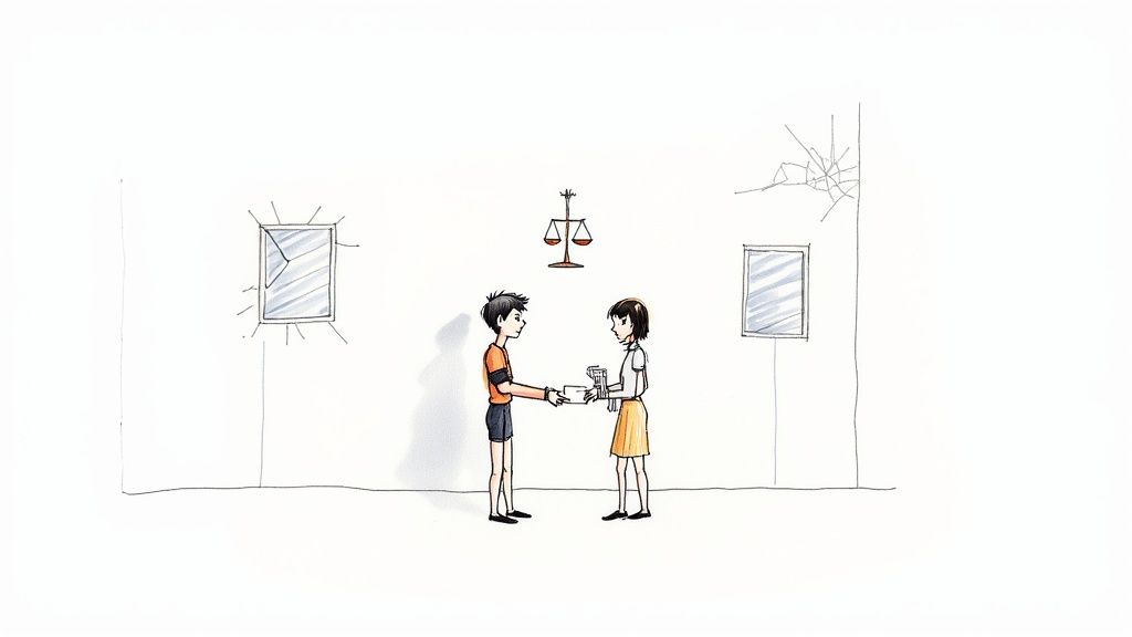 Cartoon illustration of a boy and girl shaking hands, exchanging a document under the scales of justice.