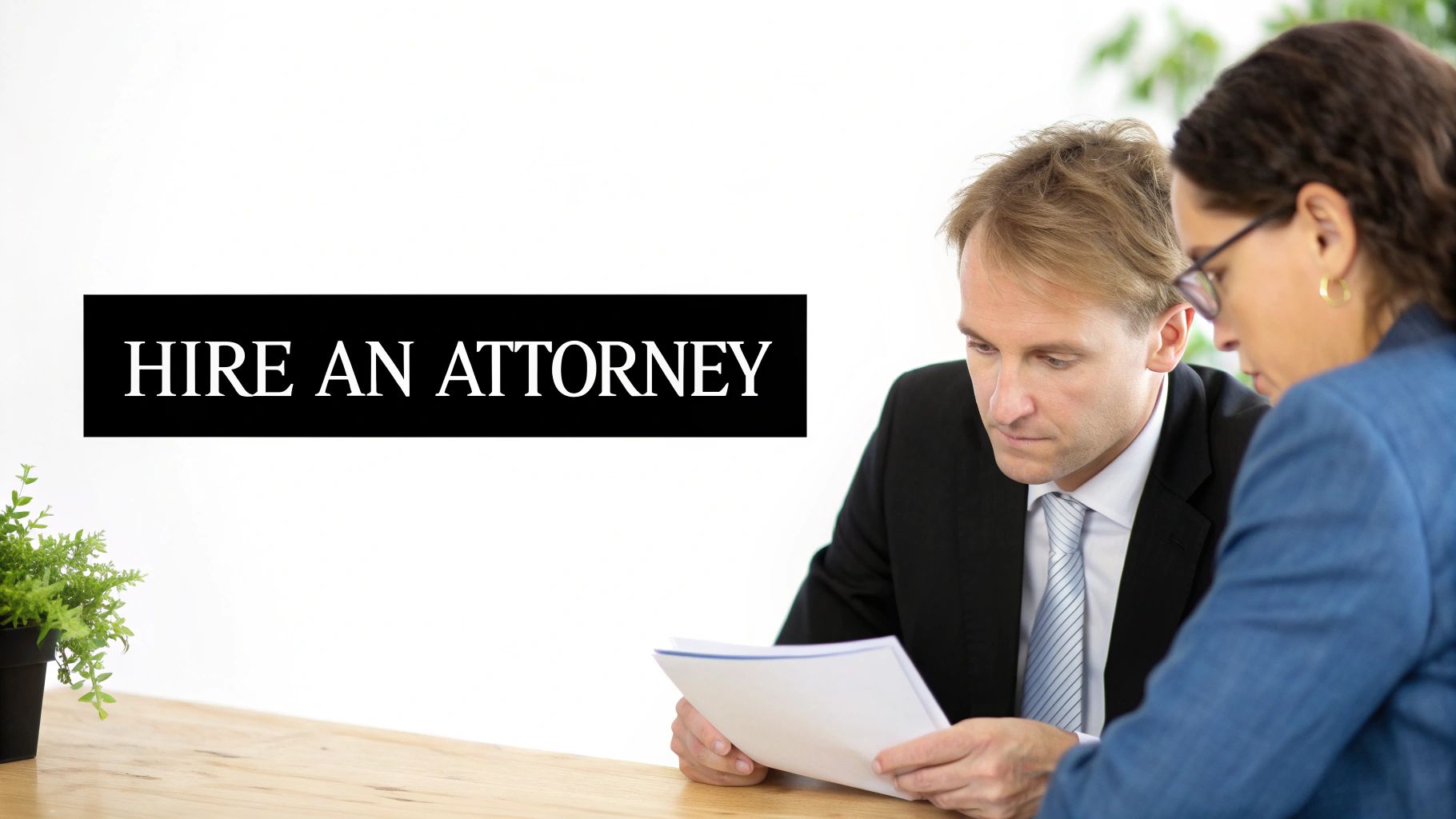 An attorney and client reviewing settlement documents together in a professional office setting.