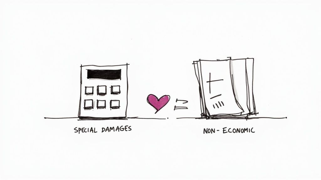 A drawing shows a calculator labeled "SPECIAL DAMAGES" linked by a heart and equals sign to papers labeled "NON-ECONOMIC".
