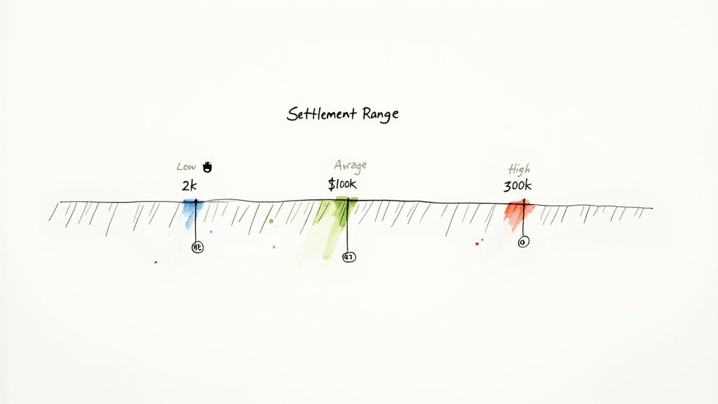 Settlement range diagram showing low, average, and high compensation amounts for whiplash injury claims