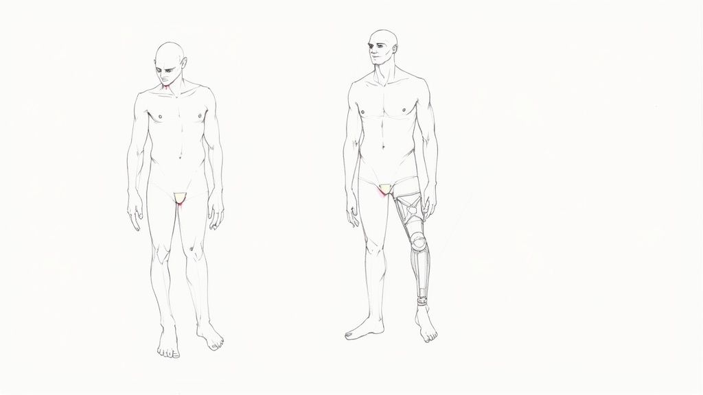 Two detailed line drawings of male figures, one intact and the other with a visible prosthetic leg.