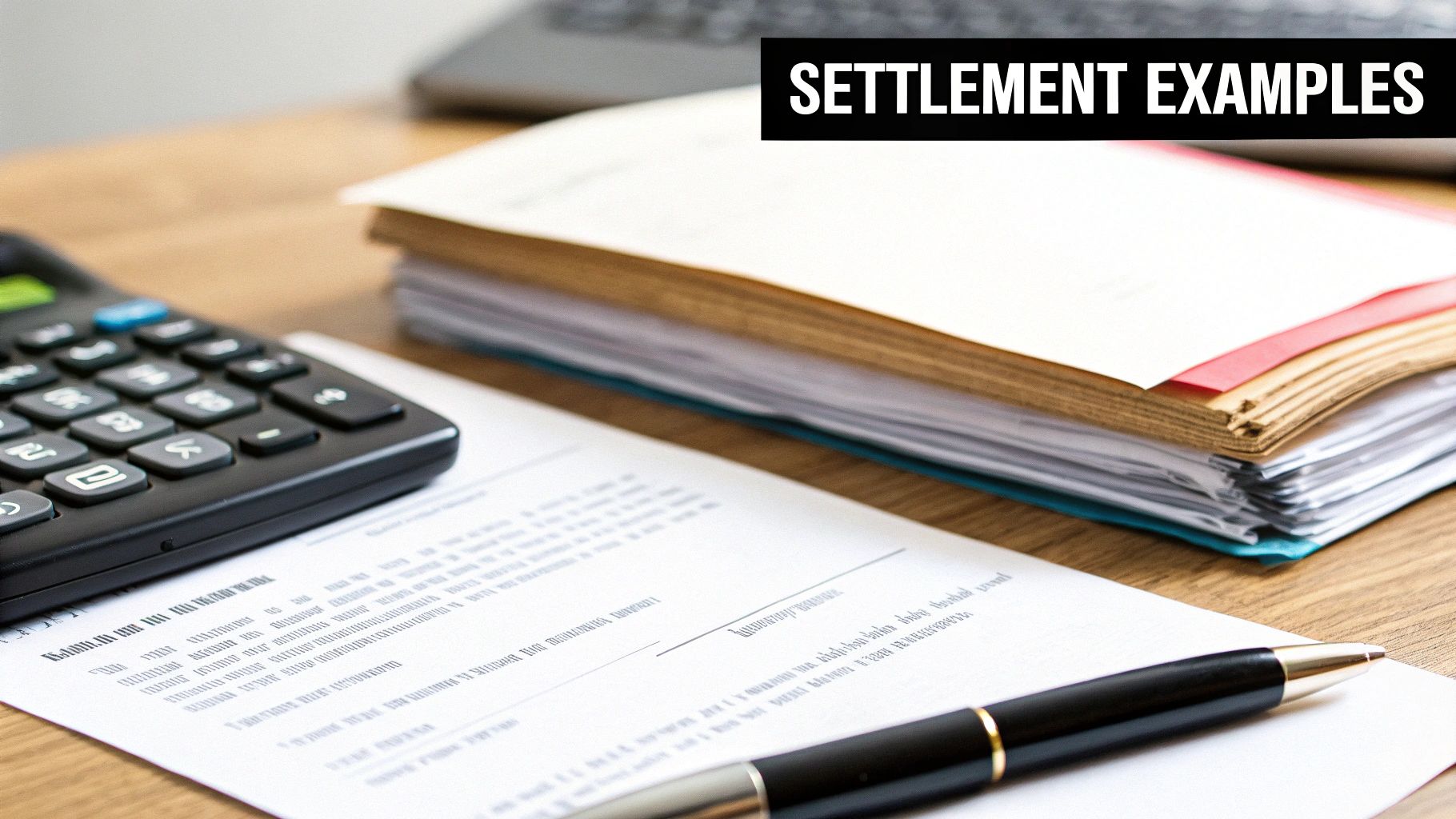 A person signing settlement paperwork at a desk with a calculator and car keys nearby